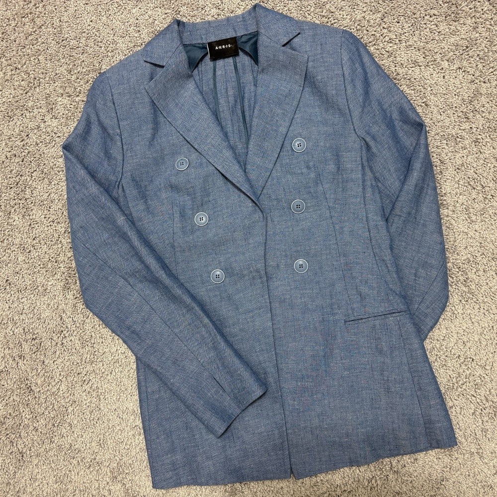 AKRIS Blazer 100% Linen Lightweight Partial Lined Herringbone Blue Womens Sz 8